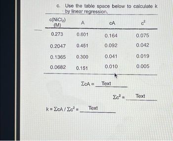 -
c. Use the table space below to calculate k
by linear regression.
1.
c(NiCl₂)
(M)
0.273
A
0.1365
0.0682
0.601
0.2047 0.451
0.300
0.151
ΣCA =
k = ECA/Ec²= Text
CA
0.164
0.092
0.041
0.010
Text
c²
0.075
0.042
0.019
0.005
Ec²= Text