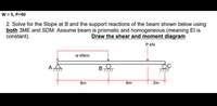 W = 5, P=40
2. Solve for the Slope at B and the support reactions of the beam shown below using
both 3ME and SDM. Assume beam is prismatic and homogeneous (meaning El is
constant).
Draw the shear and moment diagram
P kN
w kN/m
A
8m
6m
2m
