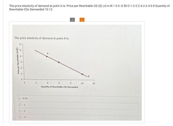 The price elasticity of demand at point A is: Price per Rewritable CD ($) LO m N 1 0 0 -0.50 C-1 C-2 C-4 2 A 4 6 8 Quantity of
Rewritable CDs Demanded 10 12
The price elasticity of demand at point A is:
Price per Rewritable CD ($)
6
C -0.50
C-1
C-2
4
6
8
Quantity of Rewritable CDs Demanded
10
12