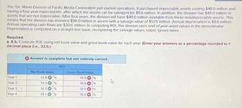 The Ste. Marie Division of Pacific Media Corporation just started operations. It purchased depreciable assets costing $48.0 million and
having a four-year expected life, after which the assets can be salvaged for $9.6 million. In addition, the division has $48.0 million in
assets that are not depreciable. After four years, the division will have $48.0 million available from these nondepreciable assets. This
means that the division has invested $96.0 million in assets with a salvage value of $57.6 million. Annual depreciation is $9.6 million.
Annual operating cash flows are $20.6 million. In computing ROI, this division uses end-of-year asset values in the denominator.
Depreciation is computed on a straight-line basis, recognizing the salvage values noted. Ignore taxes.
Required:
a. & b. Compute ROI, using net book value and gross book value for each year. (Enter your answers as a percentage rounded to 1
decimal place (i.e., 32.1).)
Answer is complete but not entirely correct.
ROI
Year 11
Year 2
Net Book Value
Gross Book Value
12.8 %
10.9
%
14.3 %
10.9
%
Year 3
4
16.3 %
10.9%
Year 4
19.1%
10.9 %