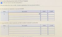 Record the following journal entries for Brown Company:
A (Click the icon to view the transactions.)
(Record debits first, then credits. Exclude explanations from any journal entries.)
6. Purchased raw materials on account, $8,000.
Date
Accounts
Debit
Credit
7. Used $4,000 in direct materials and 600 in indirect materials in production.
Date
Accounts
Debit
Credit
7.
000
bich 700/
Iabor
6.
