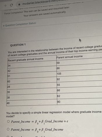 marapic nempes me es un actempes, mis is acceperumur 2.
Force Completion This test can be saved and resumed later.
Your answers are saved automatically.
mcdaniel.blackboard.
Question Completion Status:
QUESTION 1
You are interested in the relationship between the income of recent college gradua
of recent college graduates and the annual income of their top income earning par
Recent graduate annual income
Parent annual income
34
42
51
60
28
35
38
46
59
86
105
92
55
66
62
90
You decide to specify a simple linear regression model where graduate income
model?
O Parent_Income = P + B Grad_Income + ε
○ Parent_Income = B+B₁Grad_Income