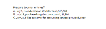 Prepare Journal entries?
A. July 1, issued common stock for cash, $15,000
B. July 15, purchased supplies, on account, $1,800
C. July 25, billed customer for accounting services provided, $950