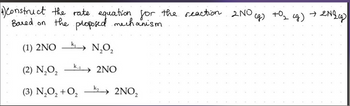 4) Construct the rate equation for the reaction 2NO
Based on the proposed mechanism
K₁ N₂O₂
(1) 2NO
(2) N₂O₂ K-₁ 2NO
(3) N₂O₂ + O₂
k₂2NO₂
+0₂ (g) → 2N2₂₂)