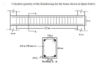 Calculate quantity of the Reinforcing for the beam shown in figure below.
A
0.3 m
3.2 m
2016
08 @ 230 mm c/c
60 cm
2018
23 cm
Section A -A
0.3 m
0.6 m