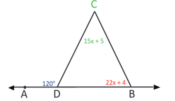 The image shows a geometric diagram involving a triangle and a straight line. Here's a detailed explanation:

**Diagram Description:**

- There is a straight line, represented by points A, D, and B. Point D is between points A and B on the line.
- From point D, a triangle is formed with vertices D, B, and C.

**Line Segment:**

- The segment extending from point A through D to B forms a straight angle.
- The angle between segments AD and DB is marked as \(120^\circ\).

**Triangle:**

- The triangle is labeled as \(\triangle DBC\), with vertex C above point D.
- The angle at vertex C formed by lines DC and BC is labeled with the expression \(15x + 5\).
- The angle at vertex B of the triangle is labeled with the expression \(22x + 4\).

This geometric setup illustrates the relationship between angles in a triangle and a straight line, ideal for exploring angle sum properties and linear equations involving unknowns like \(x\).