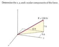 Determine the x, v, and z scalar components of the force.
F= 1500 lb
17 t
12 ft
