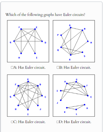 Which of the following graphs have Euler circuits?
H
I
D
OA: Has Euler circuit.
OB: Has Euler circuit.
I
I
Н
K
C: Has Euler circuit.
OD: Has Euler circuit.