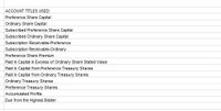 ACCOUNT TITLES USED:
Preference Share Capital
Ordinary Share Capital
Subscribed Preference Share Capital
Subscribed Ordinary Share Capital
Subscription Receivable-Preference
Subscription Receivable-Ordinary
Preference Share Premium
Paid in Capital in Excess of Ordinary Share Stated Value
Paid in Capital from Preference Treasury Shares
Paid in Capital from Ordinary Treasury Shares
Ordinary Treasury Shares
Preference Treasury Shares
Accumulated Profits
Due from the Highest Bidder
