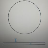 The image depicts a simple, thin-lined circle centered on the page. Below the circle is a horizontal slider bar with an "I" symbol positioned above it toward the left. A small right-pointing arrow is located at the lower right end of the slider bar.

**Explanation:**

- **Circle:** Could represent a basic geometric shape or relate to a concept like completeness or cycles.
- **Slider Bar:** Often used in educational software to adjust values or visually represent changing data. The "I" might indicate an initial position or interactive element, while the arrow suggests directional movement, likely adjusting the value or size related to the circle.