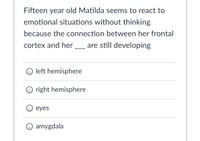 Fifteen year old Matilda seems to react to
emotional situations without thinking
because the connection between her frontal
cortex and her
are still developing
O left hemisphere
O right hemisphere
eyes
O amygdala
