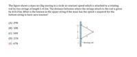 The figure shows a mass m-2kg moving in a circle at constant speed which is attached to a rotating
rod by two strings of length L=0.3m. The distance between where the strings attach to the rod is given
by d=0.25m. What is the tension in the upper string if the mass has the speed v required for the
bottom string to have zero tension?
(A) 29N
(B) 18N
(C) 34N
(D) 21N
(E) 47N
Rotating rod
