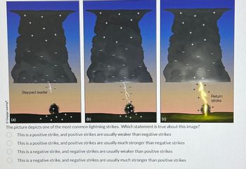 O O O O Cengage Learning
Stepped leader
(a)
(b)
(c)
The picture depicts one of the most common lightning strikes. Which statement is true about this image?
This is a positive strike, and positive strikes are usually weaker than negative strikes
This is a positive strike, and positive strikes are usually much stronger than negative strikes
This is a negative strike, and negative strikes are usually weaker than positive strikes
This is a negative strike, and negative strikes are usually much stronger than positive strikes
Return
stroke