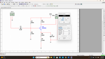 **
-In-Use List ---
Interactive
+
Design1 - Multisim - [Design1"]
File Edit View Place Simulate Transfer Tools Options Window Help
區 品贈字 15
v ☆ * DO ŵy 8 ✪ MISC.
XFG1
NWW
C
+ COM
D
Design1*
C1
=
HE
0.1μF
R1
68kQ
R3
10ΚΩ
ли
℗ 2
VA WV ①*
Q1
2N3904
VCC
Multimeter-XMM1
×
XMM1
9.0V
1.56 V
A
S2
dB
Set...
Function generator-XFG1
Waveforms
10
×
Signal options
Frequency: 10
kHz
R2
Duty cycle: 50
Amplitude: 50
%
mVp
10ΚΩ
R4
2000
Offset:
0
mV
C2
0.1μF
Set rise/Fall time
Common
R5
2.2kQ
•+
°
Q Q Q q' o
58°F
☐
Q Search
myhp
EW
Sunny
×
Design1: Simulating...
Tran: 9.930 s
4) D
12:05 PM
1/18/2025