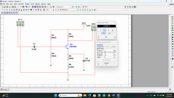 D
Design1 - Multisim - [Design1"]
File Edit View Place Simulate Transfer Tools Options Window Help
KF
品贈皂
2
* In-Use List ---
℗ 2
* MISC
Y
非
1
II
Interactive
XFG1
www
C
+ COM
Design1*
C1
=3
R1
68kQ
R3
10ΚΩ
0.1μF
R2
VCC
Multimeter-XMM1
×
XMM1
9.0V
2.058 V
A
S2
dB
Set...
Q1
2N3904
Waveforms
Function generator-XFG1
(~)~
Signal options
Frequency: 3
MHz
Duty cycle:
50
%
Amplitude:
10ΚΩ
R4
2000
Offset:
50
0
mVp
mV
C2
0.1uF
Set rise/Fall time
R5
2.2ΚΩ
Common
°
47°F
☐
Q Search
myhp
EW
Clear
×
Q Q Q q' o
Tran: 3.332 ms
10:22 PM
1/18/2025
×