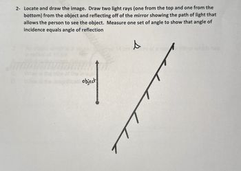 2- Locate and draw the image. Draw two light rays (one from the top and one from the
bottom) from the object and reflecting off of the mirror showing the path of light that
allows the person to see the object. Measure one set of angle to show that angle of
incidence equals angle of reflection
人
object