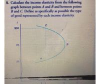 5. Calculate the income clasticity from the following
graph between points A and B and between points
B and C. Define as specifically as possible the type
of good represented by each income elasticity.
$30
25
20
