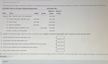 Costs per Equivalent Unit
The following information concerns production in the Baking Department for August. All direct materials are placed in process at the beginning of production.
ACCOUNT Work in Process-Baking Department
ACCOUNT NO.
Date
Item
August 1 Bal., 36,000 units, 3/4 completed
31 Direct materials, 200,000 units
31 Direct labor
31 Factory overhead.
31 Goods finished, 196,000 units
31 Bal., 2 units, 1/2 completed
a. Based on the above data, determine each cost listed below. Round "cost per equivalent unit" answers to the nearest cent.
1. Direct materials cost per equivalent unit
2. Conversion cost per equivalent unit
3. Cost of the beginning work in process completed during August
4. Cost of units started and completed during August
5. Cost of the ending work in process
b. Assuming that the direct materials cost is the same for July and August, did the conversion cost per equivalent unit increase, decrease, or remain the samm
Increase
Debit
Feedback
Credit
450,000
207,900
680,400
Balance Balance
Debit
Credit
1,361,660
207,360
657,360
865,260
1,545,660
184,000
184,000