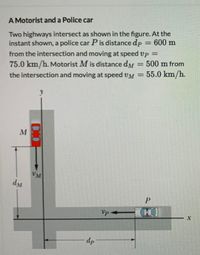 ### A Motorist and a Police Car

Two highways intersect as shown in the figure. At the instant shown, a police car \( P \) is distance \( d_P = 600 \, \text{m} \) from the intersection and moving at speed \( v_P = 75.0 \, \text{km/h} \). Motorist \( M \) is distance \( d_M = 500 \, \text{m} \) from the intersection and moving at speed \( v_M = 55.0 \, \text{km/h} \).

#### Description of Diagram:

- The diagram shows two perpendicular highways crossing each other, forming an intersection.
- A red car, designated as motorist \( M \), is depicted on the vertical highway above the intersection.
  - \( M \) is moving downward towards the intersection at a speed of \( v_M = 55.0 \, \text{km/h} \).
  - \( M \) is currently \( d_M = 500 \, \text{m} \) away from the intersection.
- A police car, designated as \( P \), is depicted on the horizontal highway to the right of the intersection.
  - \( P \) is moving leftward toward the intersection at a speed of \( v_P = 75.0 \, \text{km/h} \).
  - \( P \) is currently \( d_P = 600 \, \text{m} \) away from the intersection.
- The intersection itself is the point where both cars' paths would meet if they continue their respective trajectories. The diagram includes axes labeled \( x \) and \( y \), representing the horizontal and vertical directions respectively. 

This setup typically helps in analyzing relative motion, interception point calculations, or determining the time it might take for both vehicles to reach the intersection.