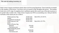 The cost of ending inventory is:
Daily Custom Company manufactures plastic chairs in its Processing Department. Direet materials are included
at the inception of the process. Conversion costs are incurred evenly throughout the process. The machine
broke down at 60% stage of completion due to inefficient operator that caused some of the units in process to
be spoiled with no market value. Daily Custom Company uses FIFO in accumulating costs. Data provided for
Sentember of the current year are as follows
Work in process, beg.
Started
Completed & transferred
Work in process, end
30,000 units Mat-100%; CC-89.5%
80,000 units
86,000 units
20,000 units
Mat-100%; CC-75%
Costs:
Work in Process, beg.
Materials
P70,000
40,000
Conversion costs
Added during the period:
Materials
Conversion costs
P160,000
122,480
