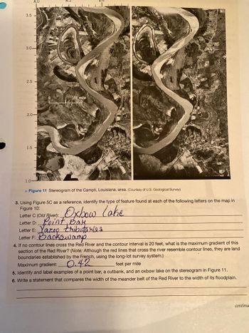 ### Understanding River Features: Analyzing a Stereogram of the Red River, Campti, Louisiana

#### Figure 11: Stereogram of the Campti, Louisiana Area
This figure presents two stereographic images of a section of the Red River in Campti, Louisiana. The images are from the U.S. Geological Survey. A stereogram helps visualize geographical features in three dimensions when viewed with a stereoscope.

**Key Observations:**
- The river exhibits multiple meanders, with notable features including oxbow lakes and cutbanks.
- The left image displays a clearer oxbow lake at position "C."

#### Tasks and Analysis

**3. River Features Identification**
Using Figure 5C as a reference, identify the features marked by specific letters on the map in Figure 10:

- **Letter C (Old River):** Oxbow Lake
- **Letter D:** Point Bar
- **Letter E:** Yazoo Tributaries
- **Letter F:** Backswamp

**4. Gradient Calculation**
To find the maximum gradient of the Red River given a contour interval of 20 feet:

**Maximum Gradient:** 0.42 feet per mile

**5. Identification of River Features in the Stereogram**
Identify and label the following in the stereogram of Figure 11:
- **Point Bar:** Sediments deposited on the inside bends of meanders.
- **Cutbank:** The eroded outer bank on the outside of the meanders.
- **Oxbow Lake:** A U-shaped water body formed from a meander cutoff from the main river channel.

**6. Comparative Analysis Statement**
Write a statement comparing the width of the meander belt of the Red River to the width of its floodplain:

"The width of the meander belt, the zone in which the river freely migrates and creates meanders, is significantly smaller compared to the expanse of its floodplain, which is the broader area surrounding the river that floods during high discharge events."

This detailed analysis enhances understanding of river dynamics and geomorphological features, crucial for geographic studies and environmental planning.