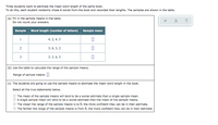 Three students want to estimate the mean word length of the same book.
To do this, each student randomly chose 4 words from the book and recorded their lengths. The samples are shown in the table.
|(a) Fill in the sample means in the table.
Do not round your answers.
Sample Word length (number of letters) Sample mean
1
4, 2, 4, 5
2
3, 6, 3, 2
3
3, 3, 6, 5
(b) Use the table to calculate the range of the sample means.
Range of sample means: ]
(c) The students are going to use the sample means to estimate the mean word length in the book.
Select all the true statements below.
The mean of the sample means will tend to be a worse estimate than a single sample mean.
A single sample mean will tend to be a worse estimate than the mean of the sample means.
The closer the range of the sample means is to 0, the more confident they can be in their estimate.
O The farther the range of the sample means is from 0, the more confident they can be in their estimate.
