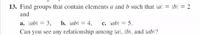 13. Find groups that contain elements a and b such that lal = \b| = 2
and
a. lab| = 3,
b. lab| = 4,
c. lab| = 5.
%3D
Can you see any relationship among lal, [bl, and Jab\?
