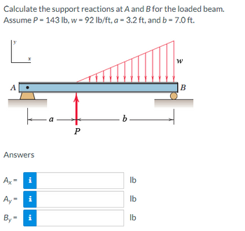 ### Calculating Support Reactions for a Loaded Beam

In this example, we will calculate the support reactions at points \(A\) and \(B\) for the loaded beam.

#### Given Data:
- Force \(P = 143 \text{ lb}\)
- Distributed Load \(w = 92 \text{ lb/ft}\)
- Distance \(a = 3.2 \text{ ft}\)
- Distance \(b = 7.0 \text{ ft}\)

#### Diagram Explanation:
The diagram provided illustrates a beam supported at two points, \(A\) (fixed support) and \(B\) (roller support). The following elements are depicted:

- **Support at A:** This support can provide reactions in both the horizontal (\(A_x\)) and vertical (\(A_y\)) directions.
- **Support at B:** This is a roller support that provides a vertical reaction (\(B_y\)).
- **Point Load \(P\)** applied vertically downward at a distance \(a\) from support \(A\).
- **Distributed Load \(w\):** The load varies linearly across the span from point \(A\) to point \(B\).
- **Coordinates:** \(x\) represents the horizontal axis, while \(y\) represents the vertical axis.

#### Calculation Objective:
We need to compute the reactions at the supports \(A_x\), \(A_y\), and \(B_y\).

#### Calculation Steps:
1. **Sum of Horizontal Forces:**
   \[ \Sigma F_x = 0 \]
   \[ A_x = 0 \] 

2. **Sum of Vertical Forces:**
   \[ \Sigma F_y = 0 \]
   \[ A_y + B_y - P - w \times (a + b) = 0 \]
  
3. **Moment Around Point A:**
   \[ \Sigma M_A = 0 \]
   \[ -P \times a - \left( \frac{w \times (a + b) \times (a + b/2)}{2} \right) + B_y \times (a + b) = 0 \]

By solving these equations, the values for \(A_y\) and \(B_y\) can be determined. Insert these computed values:

#### Answers:
- \( A_x =  \)
- \( A_y =  \)
-