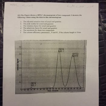 كرة HPLC
Q3: The Figure shown a HPLC chromatogram of two compound .Calculate the
following values using the data in this chromatogram.
Detector signal
a. The adjusted retention time of uracil and guanine.
b. The peak widths for uracil and guanine.
The retention factor for uracil and guanine.
C.
d.
The selectivity factor for uracil and guanine.
e. The resolution for these two compounds.
f. The column efficiency parameters, N and H, if the column length is 10cm.
0.6-
05
04
03
0.2
0.1-
45.0 s
vold
A
15 30 45
تختبر تحليل الى
180.0 s
Auracil
90
60 76
2475s
guanine
105-120 135 150 166 180 195 210 225 240 255 270 296
Time, seconds