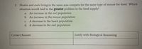 2. Hawks and owls living in the same area compete for the same type of mouse for food. Which
situation would lead to the greatest problem in the food supply?
a. An increase in the owl population
b. An increase in the mouse population
A decrease in the hawk population
d. A decrease in the owl population
C.
Correct Answer
Justify with Biological Reasoning
