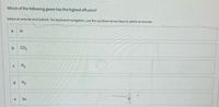 Which of the following gases has the highest effusion?
Select an answer and submit. For keyboard navigation, use the up/down arrow keys to select an answer.
a
Ar
CO2
H2
N2
e
Xe
