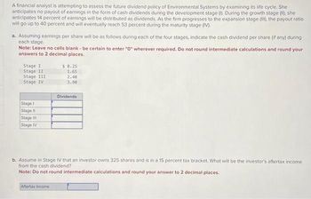 A financial analyst is attempting to assess the future dividend policy of Environmental Systems by examining its life cycle. She
anticipates no payout of earnings in the form of cash dividends during the development stage (1). During the growth stage (II), she
anticipates 14 percent of earnings will be distributed as dividends. As the firm progresses to the expansion stage (III), the payout ratio
will go up to 40 percent and will eventually reach 53 percent during the maturity stage (IV).
a. Assuming earnings per share will be as follows during each of the four stages, indicate the cash dividend per share (if any) during
each stage.
Note: Leave no cells blank - be certain to enter "O" wherever required. Do not round intermediate calculations and round your
answers to 2 decimal places.
Stage I
Stage II
Stage III
$ 0.25
1.65
2.40
Stage IV
3.90
Dividends
Stage I
Stage II
Stage III
Stage IV
b. Assume in Stage IV that an investor owns 325 shares and is in a 15 percent tax bracket. What will be the investor's aftertax income
from the cash dividend?
Note: Do not round intermediate calculations and round your answer to 2 decimal places.
Aftertax income