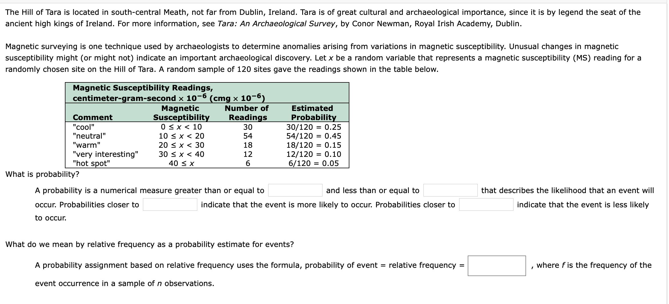 The Hill of Tara is located in south-central Meath, not far from Dublin, Ireland. Tara is of great cultural and archaeological importance, since it is by legend the seat of the
ancient high kings of Ireland. For more information, see Tara: An Archaeological Survey, by Conor Newman, Royal Irish Academy, Dublin.
Magnetic surveying is one technique used by archaeologists to determine anomalies arising from variations in magnetic susceptibility. Unusual changes in magnetic
susceptibility might (or might not) indicate an important archaeological discovery. Let x be a random variable that represents a magnetic susceptibility (MS) reading for a
randomly chosen site on the Hill of Tara. A random sample of 120 sites gave the readings shown in the table below.
Magnetic Susceptibility Readings,
centimeter-gram-second x 10-6 (cmg x 10-6)
Magnetic
Susceptibility
0 < x < 10
10 < x < 20
20 < x < 30
30 < x < 40
40 < x
Number of
Estimated
Comment
Readings
30
Probability
= 0.25
"cool"
30/120
54/120
18/120
12/120
6/120 = 0.05
"neutral"
54
0.45
"warm"
18
0.15
"very interesting"
"hot spot"
12
0.10
6.
What is probability?
A probability is a numerical measure greater than or equal to
and less than or equal to
that describes the likelihood that an event will
occur. Probabilities closer to
indicate that the event is more likely to occur. Probabilities closer to
indicate that the event is less likely
to occur.
What do we mean by relative frequency as a probability estimate for events?
A probability assignment based on relative frequency uses the formula, probability of event =
relative frequency
where f is the frequency of the
event occurrence in a sample of n observations.
