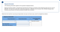!
Required information
[The following information applies to the questions displayed below.]
Ramirez Company installs a computerized manufacturing machine in its factory at the beginning of the year at a cost of
$45,900. The machine's useful life is estimated at 10 years, or 389,000 units of product, with a $7,000 salvage value.
During its second year, the machine produces 32,900 units of product.
Determine the machine's second-year depreciation and year end book value under the straight-line method.
Straight-Line Depreciation
Annual Depreciation
Expense
Choose Numerator: /
Choose Denominator:
Depreciation expense
%D
Year 2 Depreciation
Year end book value (Year 2)
II
