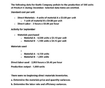 The following data for Keefe Company pertain to the production of 500 units
of Product X during December. Selected data items are omitted.
Standard cost per unit
⚫ Direct Materials - 4 units of material A x $3.00 per unit
1 unit of material B x $4.00 per unit
Direct Labor - 3 hours x $9.00 per hour
Activity for September
•
Materials purchased
Material A - 4,500 units x $3.10 per unit
Material B - 1,100 units x $4.15 per unit
Materials used
。 Material A - 4,150 units
。 Material B - 1,005 units
Direct labor used - 2,950 hours x $9.40 per hour
Production output - 1,000 units
There were no beginning direct materials inventories.
a. Determine the materials price and quantity variances.
b. Determine the labor rate and efficiency variances.