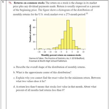 1)
71. Returns on common stocks The return on a stock is the change in its market
price plus any dividend payments made. Return is usually expressed as a percent
of the beginning price. The figure shows a histogram of the distribution of
monthly returns for the U.S. stock market over a 273-month period.33
Number of months
80
60
40-
20-
-25 -20 -15 -10 -5 0 5 10 15
Monthly percent return on common stocks
Starnes & Tabor, The Practice of Statistics, 6e, © 2018 Bedford,
Freeman & Worth High School Publishers
a. Describe the overall shape of the distribution of monthly returns.
b. What is the approximate center of this distribution?
c. Explain why you cannot find the exact value for the minimum return. Between
what two values does it lie?
d. A return less than 0 means that stocks lost value in that month. About what
percent of all months had returns less than 0?