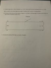 6. A sheet of glass has an index of refraction nalass = 1.45. Assume that the index of refraction for air is na= 1.00,
Light is incident on the sheet of glass at an angle of incidence of 60°, as shown in the figure below.
a. Calculate and label the size of each angle (in degrees) on the figure, including angles of incidence and refraction at
each of the two parallel surfaces shown.
60 degrees
Air
na = 1.00
Glass
" = 1.45
Air
ng = 1.00
b. Calculate the velocity of the light as it travels in the glass.
