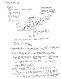 USE MOMENT EQUATION ABOUT A'
PROBLEM 3
GIVEN
DETERMINE
REAR- WHEEL DRIVE CAR
M = 450kg
a_ = 7m/s²
NORNAL FORCES
UNDER WWHEEL S
AND TRACTION
%3D
1o INCLINE
0.45m
1.2m
1.2m
F10° Te
A"
OSE MOMENT EQUATION ABOUT
ZMA
MA,
m aa
alANg = 1.2 MG coS CIơ) - a45 NGsin 1ơ°–a45MAq
Ng=
1.2 m
geoli0)-a45.mgsin1o- 945 maa
2.4
2,1r13.T469
Ng = 1439.36N
Z Fy =m Aay
143. 7319
590.625
=> Na +NB- MgcOS(48)
NA-Ng +m g.cosCI8) = 2,908.0738N
-Ng +m g.cos(10) = Ñ
mq sim Clo)=Mq, =>TR= 3,916.5699
2,908.0138
-
