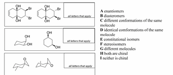 **Isomer Identification Exercise**

Below are three pairs of molecular structures. Each pair needs to be classified according to the relationship between the molecules. Use the letters that apply to each pair from the list provided. Write your answers in the boxes next to each pair.

**Pair 1:**
- Two bicyclic compounds with bromine (Br) and hydroxyl (OH) groups attached.
- Options to consider: A, B, C, D, E, F, G, H, I

**Pair 2:**
- Two cyclic compounds both with hydroxyl (OH) groups attached.
- Options to consider: A, B, C, D, E, F, G, H, I

**Pair 3:**
- Two cyclic compounds containing oxygen (O) in the ring.
- Options to consider: A, B, C, D, E, F, G, H, I

**Options:**
- A: Enantiomers
- B: Diastereomers
- C: Different conformations of the same molecule
- D: Identical conformations of the same molecule
- E: Constitutional isomers
- F: Stereoisomers
- G: Different molecules
- H: Both are chiral
- I: Neither is chiral

**Instructions:**
Evaluate each pair and select all applicable classifications from the list. Consider differences in spatial arrangement, connectivity, and chirality where relevant.