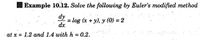 Example 10.12. Solve the following by Euler's modified method
dy
=log (x + y), y (0) = 2
dx.
at x = 1.2 and 1.4 with h = 0.2.