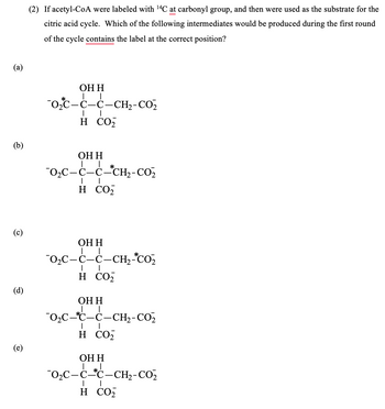 **Citric Acid Cycle Intermediate Identification**

**Question:**
If acetyl-CoA were labeled with \(^{14}C\) at the carbonyl group, and then were used as the substrate for the citric acid cycle, which of the following intermediates would be produced during the first round of the cycle containing the label at the correct position?

**Options:**

**(a)**

\[
\begin{array}{c}
\text{OH} \\
\vert \\
\text{O}_2\text{C} - \text{C} - \ ^*{\text{C}} - \text{C} - \text{CH}_2 - \text{CO}_2^{-} \\
\vert \\
\text{H} \\
\text{CO}_2^{-}
\end{array}
\]

**(b)**

\[
\begin{array}{c}
\text{OH} \\
\vert \\
\text{O}_2\text{C} - \text{C} - \text{C} - \ ^*{\text{CH}_2} - \text{CO}_2^{-} \\
\vert \\
\text{H} \\
\text{CO}_2^{-}
\end{array}
\]

**(c)**

\[
\begin{array}{c}
\text{OH} \\
\vert \\
\text{O}_2\text{C} - \text{C} - \text{C} - \text{CH}_2 - \ ^*{\text{CO}_2^{-}} \\
\vert \\
\text{H} \\
\text{CO}_2^{-}
\end{array}
\]

**(d)**

\[
\begin{array}{c}
\text{OH} \\
\vert \\
\text{O}_2\text{C} - \ ^*{\text{C}} - \text{C} - \text{C} - \text{CH}_2 - \text{CO}_2^{-} \\
\vert \\
\text{H} \\
\text{CO}_2^{-}
\end{array}
\]

**(e)**

\[
\begin{array}{c}
\text{OH} \\
\vert \\
\text{O}_2\