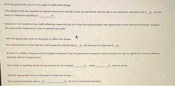 Shift the appropriate curve on the graph to reflect this change.
This change in the tax treatment of Interest income from saving causes the equilibrium interest rate in the market for loanable funds to
level of investment spending to
Scenario 2: An investment tax credit effectively lowers the tax bill of any firm that purchases new capital within some relevant time period. Suppose
the government implements a new Investment tax credit.
Shift the appropriate curve on the graph to reflect this change.
The implementation of the new tax credit causes the interest rate to and the level of investment to
Scenario 3: Initially, the government's budget is balanced; then the government responds to the conclusion of a war by significantly reducing defense
spending without changing taxes.
This change in spending causes the government to run a budget
Shift the appropriate curve on the graph to reflect this change.
This causes the interest rate to
which
and the
the level of investment spending.
national saving.