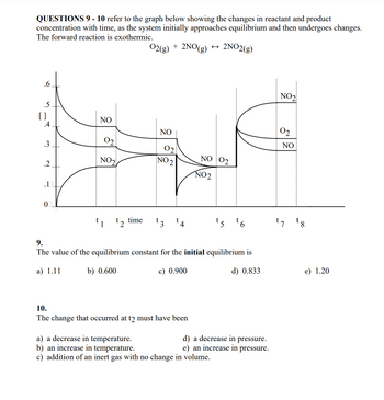 QUESTIONS 9 - 10 refer to the graph below showing the changes in reactant and product
concentration with time, as the system initially approaches equilibrium and then undergoes changes.
The forward reaction is exothermic.
O2(g) + 2NO(g)
→ 2NO2(g)
.6
.5
[]
.4
.3
.2
-
00
NO
02
NO₂
t1 time
¹2
NO
02
NO 2
¹3
t
¹4
NO 02
10.
The change that occurred at t2 must have been
NO2
9.
The value of the equilibrium constant for the initial equilibrium is
a) 1.11
b) 0.600
c) 0.900
d) 0.833
¹5 ¹6
a) a decrease in temperature.
b) an increase in temperature.
c) addition of an inert gas with no change in volume.
d) a decrease in pressure.
e) an increase in pressure.
NO₂
02
NO
t7
8
e) 1.20