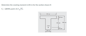 Determine the cracking moment in kN-m for the section shown if:
f'c = 28MPa and f₁=0.7√f'c.
600 mm
2 #19
200 mm
100 mm
320 mm
80 mm
500 mm