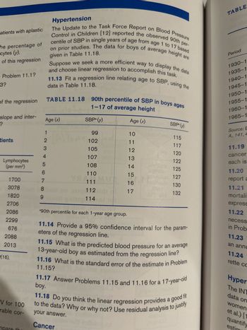 of the regression
slope and inter-
Age (x)
SBPa (y)
patients with aplastic
he percentage of
cytes (y).
of this regression
Problem 11.1?
3?
Hypertension
The Update to the Task Force Report on Blood Pressure
O Control in Children [12] reported the observed 90th per-
centile of SBP in single years of age from age 1 to 17 based
on prior studies. The data for boys of average height a
given in Table 11.18.
are
Suppose we seek a more efficient way to display the data
and choose linear regression to accomplish this task.
11.13 Fit a regression line relating age to SBP, using the
data in Table 11.18.
TABLE 11.18 90th percentile of SBP in boys ages
1-17 of average height
TABLE
Period
1930-1
1935-1
1940-1
1945-1
1950-1
1955-1
1960-1
1965-1
Age (x)
?
SBPa (y)
Source: E
1
99
10
115
A., 141, 4
tients
2
102
11
117
3
105
12
120
4
107
13
Lymphocytes
122
5
11.19
cancer
each is
(per mm²)
108
14
125
6
110
15
127
1700
7
11.20
report a
111
16
130
3078
8
11.21
112
17
132
1820
9
mortali
114
2706
2086
2299
express
11.22
necess
676
2088
2013
(16),
EV for 100
rable cor-
a90th percentile for each 1-year age group.
11.14 Provide a 95% confidence interval for the param-
eters of the regression line.
11.15 What is the predicted blood pressure for an average
13-year-old boy as estimated from the regression line?
11.16 What is the standard error of the estimate in Problem
11.15?
11.17 Answer Problems 11.15 and 11.16 for a 17-year-old
boy.
11.18 Do you think the linear regression provides a good fit
to the data? Why or why not? Use residual analysis to justify
your answer.
Cancer
in Prob
11.23
an annu
11.24
rette co
Hyper
The INT
data on
women
et al.) [1
quantify
est