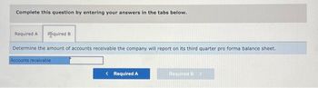 Complete this question by entering your answers in the tabs below.
Required A Required B
Determine the amount of accounts receivable the company will report on its third quarter pro forma balance sheet.
Accounts receivable
< Required A
Required B >