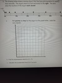 5. The drawing below shows a moving object that has been photographed at equal 1
time intervals. The object starts at rest and moves to the right. The dots
show the location of the object each second.
t 0
I|||||||
Om
10m
20m
30m
40m
50m
Plot position vs time for the object on the graph below. Label the
axes clearly!
a.
b. Find the instantaneous velocity at t = 5s
c. Calculate the acceleration from 0 to 5 seconds.
