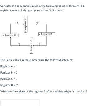 Consider the sequential circuit in the following figure with four 4-bit
registers (made of rising edge sensitive D flip-flops):
Register D
> Register A
> Register C
8
Register B
The initial values in the registers are the following integers:
Register A = 6
Register B = 3
Register C = 1
Register D = 9
What are the values of the register B after 4 raising edges in the clock?