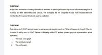 QUESTION 1
A significant amount of accounting information is dedicated to planning and contraling the use of different categories of
inventory and their attributable costs. Discuss, with examples, the five categories of costs that are associated with
merchandise for resale and materials used for production.
QUESTION 2
Cost-volume-profit (CVP) analysis is used to seek answers to questions such as: "What will happen to the profit it the firm
increases its selling price by 15%?" Discuss the following under CVP analysis (present graphical representations where
applicable):
1 The break-even graph
il. The contribution graph
i. The profit graph
