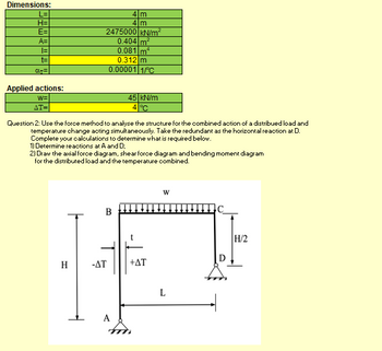 Dimensions:
L=
H=
E=
A=
|=
t=
OUT=
Applied actions:
W=
AT=
2475000 kN/m²
0.404 m²
0.081 m²
0.312 m
0.00001 1/C
H
Question 2: Use the force method to analyse the structure for the combined action of a distribued load and
temperature change acting simultaneously. Take the redundant as the horizontal reaction at D.
Complete your calculations to determine what is required below.
1) Determine reactions at A and D;
4 m
4 m
2) Draw the axial force diagram, shear force diagram and bending moment diagram
for the distributed load and the temperature combined.
B
-AT
45 kN/m
4 °C
A
+AT
W
L
H/2